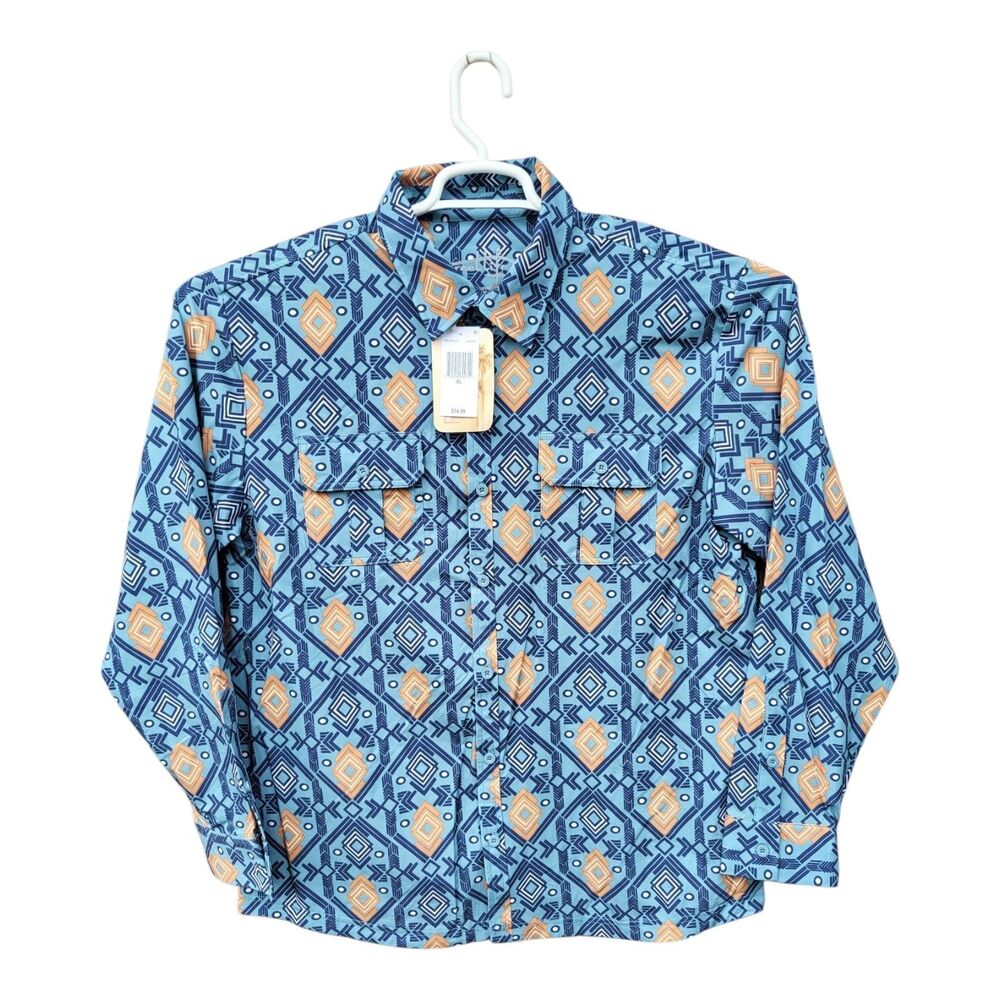 Aztec Navajo Western Fishing Shirt Mens XL Blue Fish Outdoor Reel Life Stretch